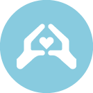 blue circle with a white hands forming a house with a heart in the middle